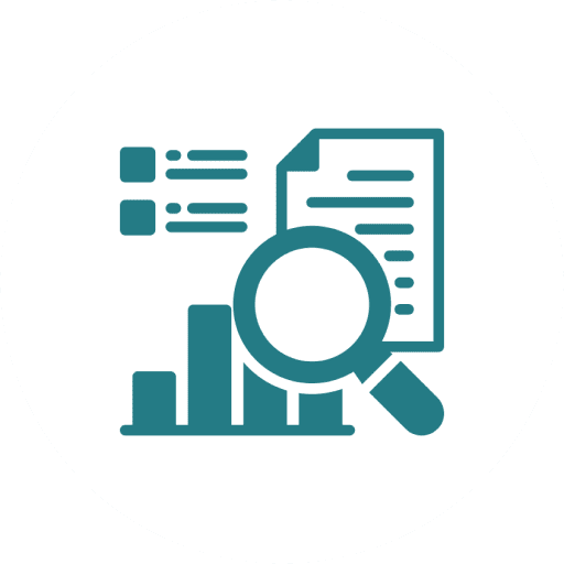 Icon of data analysis with charts, documents, and magnifying glass.