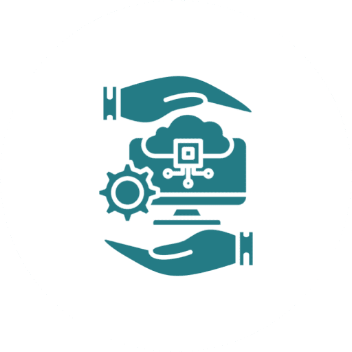 Two hands protect a laptop with a gear and cloud icons.