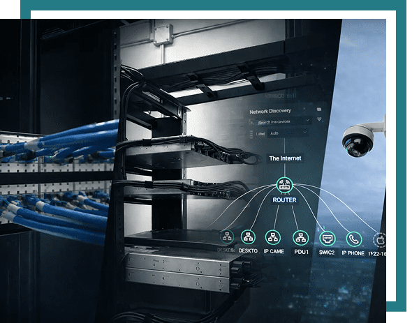 Network cables connected to a server rack with security icons overlay.