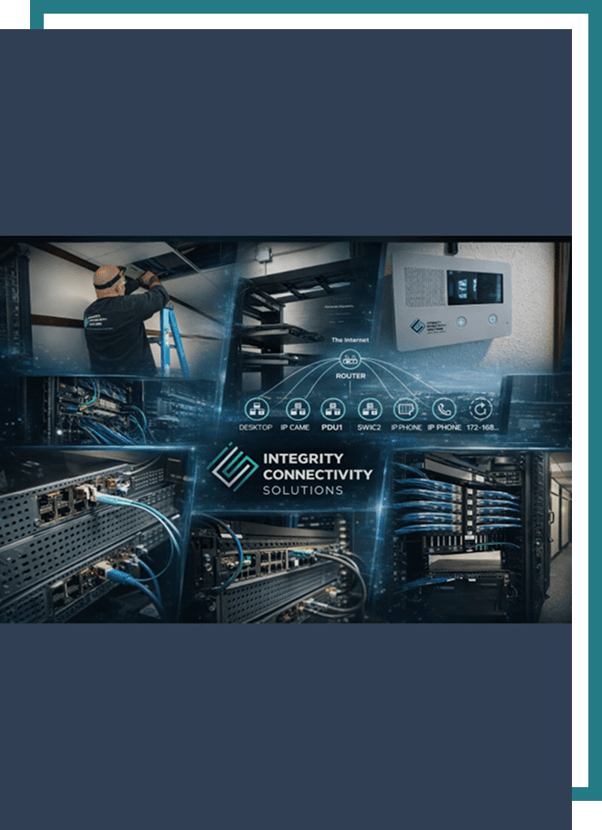 A futuristic control room with digital screens highlighting integrity, connectivity, and scalability.